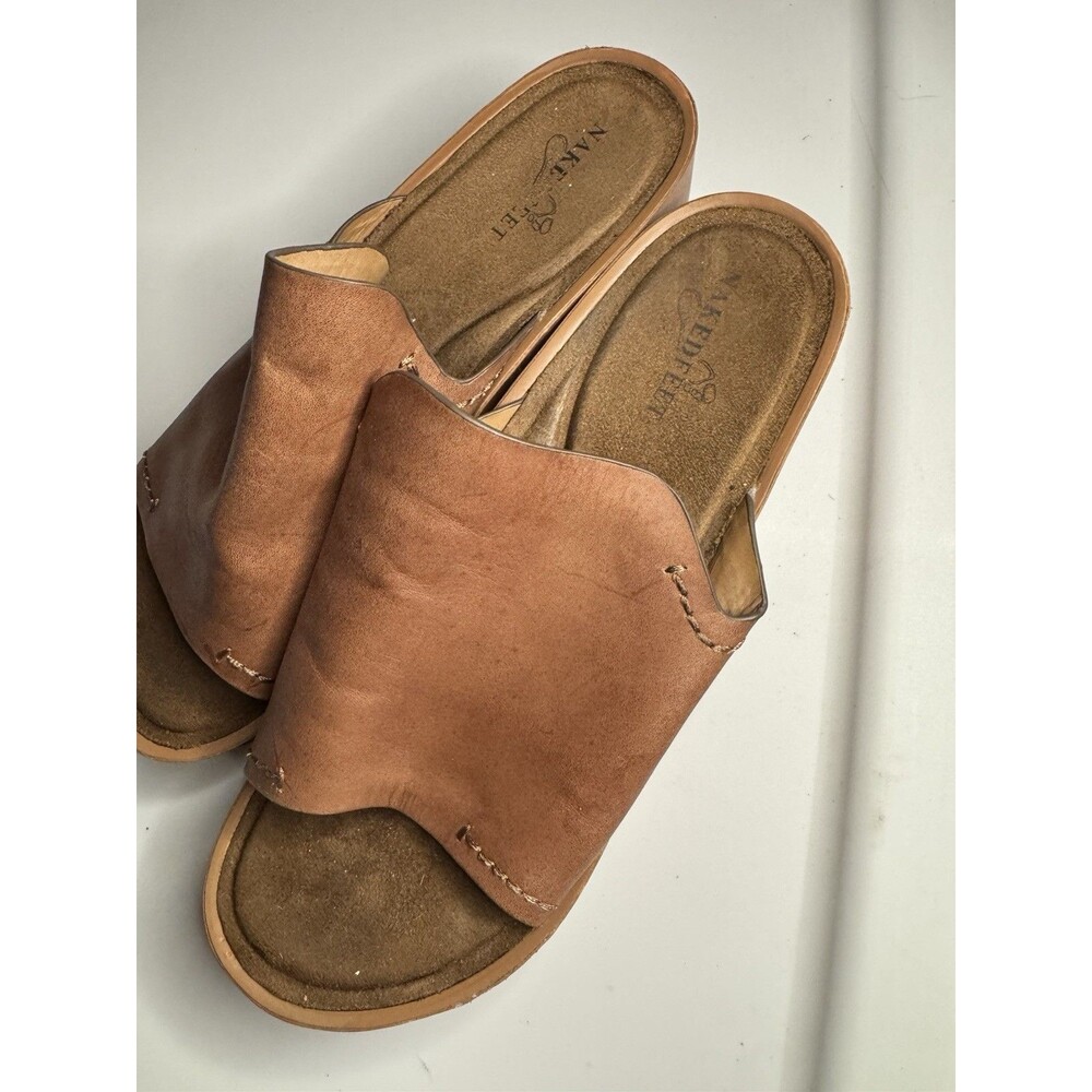 NAKED FEET Brown Leather Wedge Slide Sandals Stitched Slip On Women's 9.5